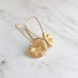 Lotus Leaf Earrings, gold lily pads, small lotus earring, little gold leaves, lilypad dangle earring, latching kidney wires, rebirth, frog - Constant Baubling