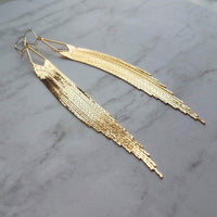 Gold Chain Fringe Earrings - thin snake chain strands, chain dangle, v shape, thin chain fringe, chain tassel, 5.6 inch extra long earring - Constant Baubling