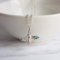 Crystal Bee Necklace, small silver bumblebee pendant, insect jewelry, silver honeybee, rainbow bee wing, colorful bee charm, rainbow pendant - Constant Baubling