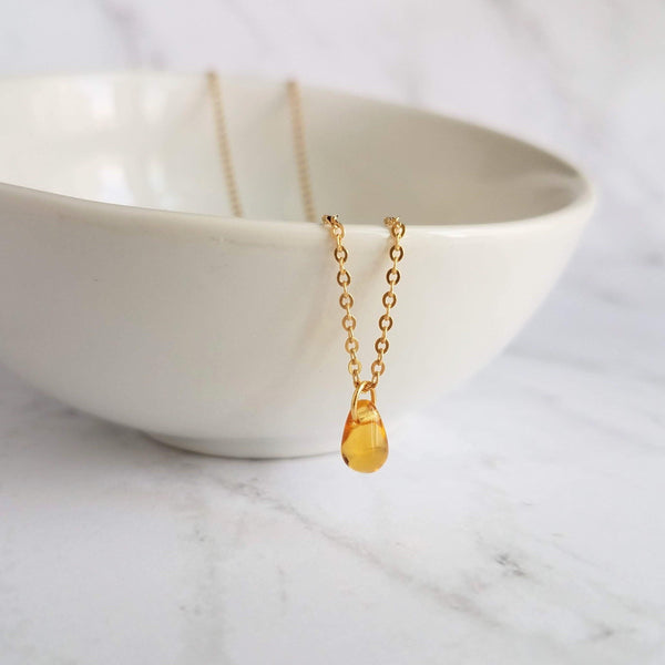 Topaz Gold Necklace, tiny topaz glass drop, honey pendant, glass teardrop necklace, 14K gold fill necklace, 14K gold fill chain, delicate - Constant Baubling