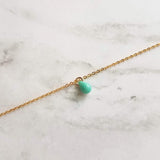 Green Teardrop Necklace -  very tiny pea green glass drop, 14K gold fill chain, delicate small little teardrop, gift for her under 30 - Constant Baubling