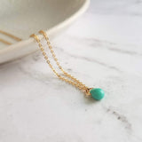 Gold Minimalist Necklace, tiny mint drop, aqua teardrop, blue drop pendant, 14K gold fill chain, glass drop, delicate necklace gift under 30 - Constant Baubling