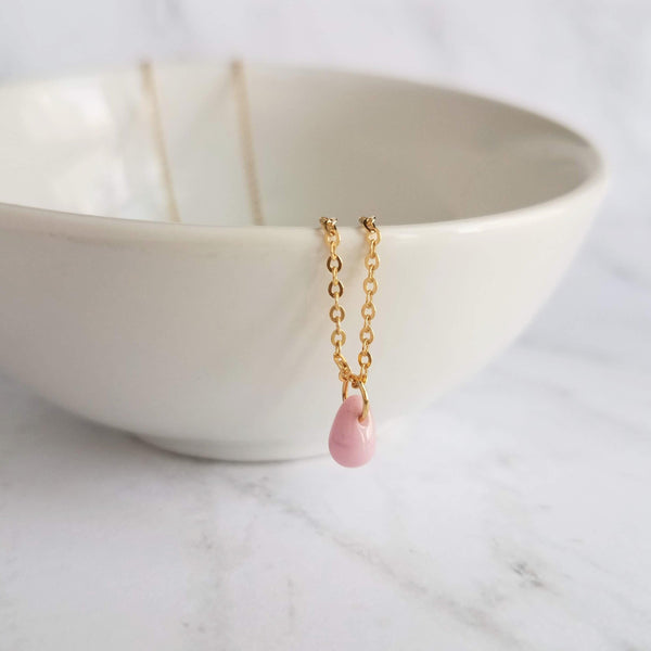 Pink Drop Necklace -  tiny glass drop pendant, delicate 14K gold fill chain, small little pale baby pink teardrop, gift for her under 30 - Constant Baubling