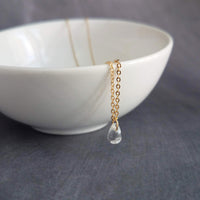 Clear Water Drop Necklace -  very tiny glass pendant, 14K gold fill chain, delicate small little teardrop, bridesmaid gift for her under 30 - Constant Baubling