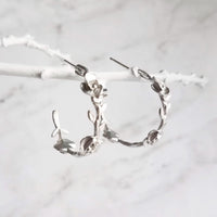 Vine Hoop Earrings, floral earring, matte silver earring, circle earring, silver branch earring, rose flower hoop .925 sterling silver posts - Constant Baubling