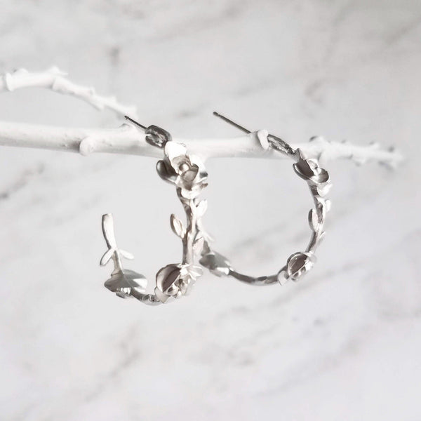 Vine Hoop Earrings, floral earring, matte silver earring, circle earring, silver branch earring, rose flower hoop .925 sterling silver posts - Constant Baubling