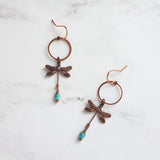 Dragonfly Earrings, bug earring, small dragonfly, rustic copper, antique copper earring, ornate earring, dragonflies copper turquoise dangle - Constant Baubling