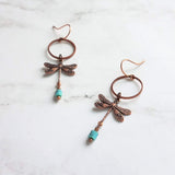 Dragonfly Earrings, bug earring, small dragonfly, rustic copper, antique copper earring, ornate earring, dragonflies copper turquoise dangle - Constant Baubling