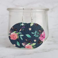 Navy Floral Print Earrings, blue faux leather circle, peony flower, 80's style, pink purple flower earrings, rose earring, large round - Constant Baubling