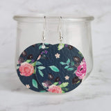 Navy Floral Print Earrings, blue faux leather circle, peony flower, 80's style, pink purple flower earrings, rose earring, large round - Constant Baubling