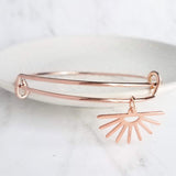 Rose Gold Sunset Bracelet - simple bangle, rose gold bangle, adjustable wire bracelet, sun charm bracelet, sunshine bracelet, rose gold sun - Constant Baubling