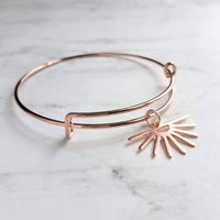 Rose Gold Sunset Bracelet - simple bangle, rose gold bangle, adjustable wire bracelet, sun charm bracelet, sunshine bracelet, rose gold sun - Constant Baubling