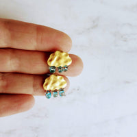 Gold Cloud Raindrop Earrings w/ aqua blue glass droplets, rain drops keep falling on my head, .925 sterling silver posts, cumulus, storm - Constant Baubling
