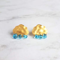 Gold Cloud Raindrop Earrings w/ aqua blue glass droplets, rain drops keep falling on my head, .925 sterling silver posts, cumulus, storm - Constant Baubling