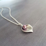 Silver Calla Lily Necklace - small matte flower charm, fuchsia pink, plum purple genuine freshwater pearl, delicate thin chain, bridesmaid - Constant Baubling