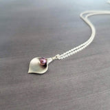 Silver Calla Lily Necklace - small matte flower charm, fuchsia pink, plum purple genuine freshwater pearl, delicate thin chain, bridesmaid - Constant Baubling