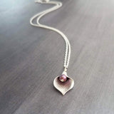 Silver Calla Lily Necklace - small matte flower charm, fuchsia pink, plum purple genuine freshwater pearl, delicate thin chain, bridesmaid - Constant Baubling