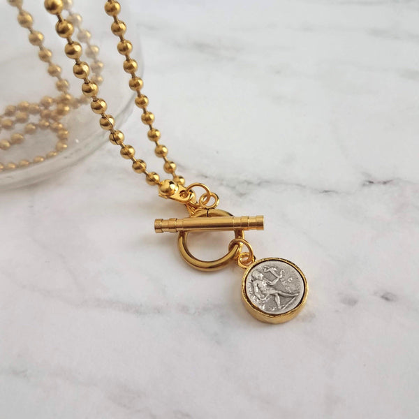 Large Gold Ball Chain Necklace, front toggle clasp necklace, coin