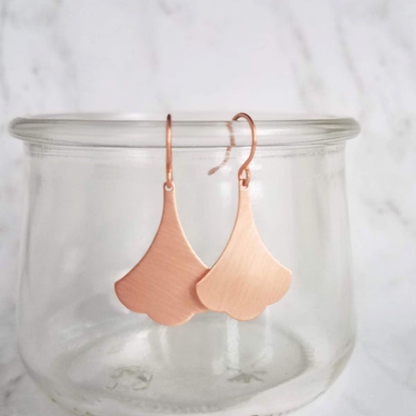 Asian Leaf Earrings - little copper ginkgo leaves in bright brushed finish, simple scalloped edge, modern Zen design, small ginkgo leaf - Constant Baubling