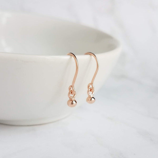 Rose Gold Ball Earrings, tiny ball earring, small round dangle, rose gold drops, 14K rose gold vermeil, dot earring, rose gold fill hooks - Constant Baubling