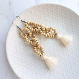 Beaded Tassel Earrings, wood bead earring, natural color wooden bead earring, connected loops, hypoallergenic stainless steel, tropical - Constant Baubling