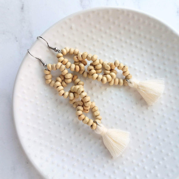 Beaded Tassel Earrings, wood bead earring, natural color wooden bead earring, connected loops, hypoallergenic stainless steel, tropical - Constant Baubling