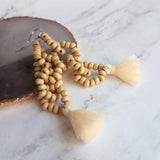 Beaded Tassel Earrings, wood bead earring, natural color wooden bead earring, connected loops, hypoallergenic stainless steel, tropical - Constant Baubling