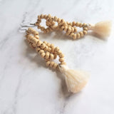 Beaded Tassel Earrings, wood bead earring, natural color wooden bead earring, connected loops, hypoallergenic stainless steel, tropical - Constant Baubling