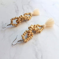 Beaded Tassel Earrings, wood bead earring, natural color wooden bead earring, connected loops, hypoallergenic stainless steel, tropical - Constant Baubling