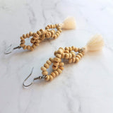 Beaded Tassel Earrings, wood bead earring, natural color wooden bead earring, connected loops, hypoallergenic stainless steel, tropical - Constant Baubling