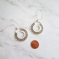Large Flower Earrings - large antique silver round hoop, round kidney locking wire hoop, open circle earring, mum earring, layers of petals - Constant Baubling