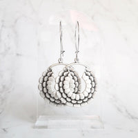 Large Flower Earrings - large antique silver round hoop, round kidney locking wire hoop, open circle earring, mum earring, layers of petals - Constant Baubling