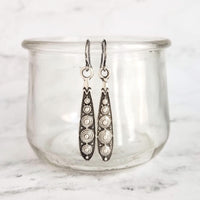 Long Narrow Teardrop Earrings - antique black accent Bali beaded ethnic design - little simple ball dot edge - Boho Bohemian teardrop - Constant Baubling