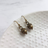 Small Acorn Earrings, dark antique brass acorns, bronze acorn, little acorn dangle, mini acorns, tree nut earring, squirrel earring, tiny - Constant Baubling