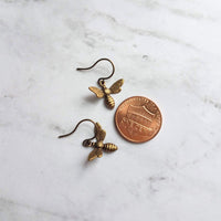 Little Bee Earrings, small antique brass bee earring, bumblebee earring, flying bee earring, bronze honey bee earring, bee dangle earring - Constant Baubling