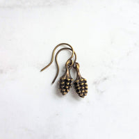 Little Pinecone Earrings, small antique brass pine cone, bronze pine cone charm, fall jewelry, tiny pine cone dangle, pine cone earrings - Constant Baubling