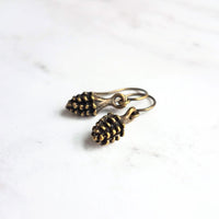 Little Pinecone Earrings, small antique brass pine cone, bronze pine cone charm, fall jewelry, tiny pine cone dangle, pine cone earrings - Constant Baubling