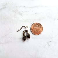 Little Pinecone Earrings, small antique brass pine cone, bronze pine cone charm, fall jewelry, tiny pine cone dangle, pine cone earrings - Constant Baubling