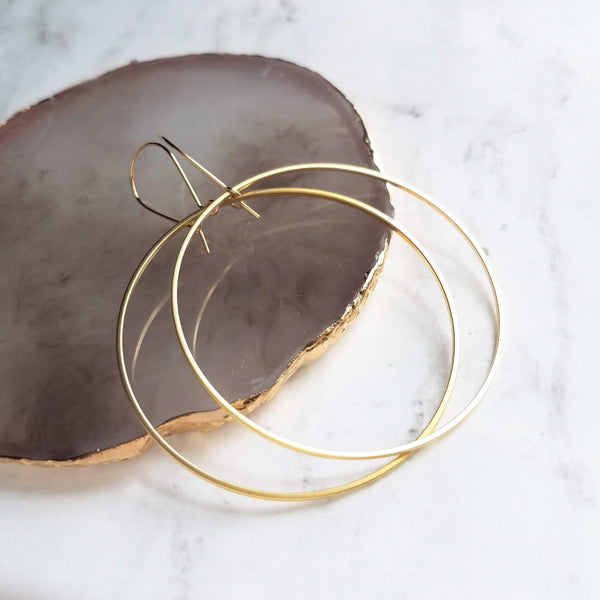 Large Gold Circle Earrings - simple thin hoop on latching kidney