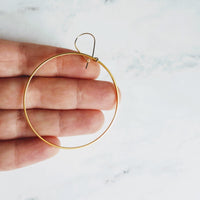 Large Gold Circle Earrings - simple thin hoop on latching kidney