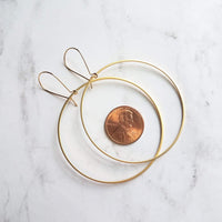 Large Gold Circle Earrings - simple thin hoop on latching kidney ear wire, large hoops, big circles, lightweight hoop, everyday earrings, 2" - Constant Baubling