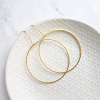 Large Gold Circle Earrings - simple thin hoop on latching kidney ear wire, large hoops, big circles, lightweight hoop, everyday earrings, 2" - Constant Baubling
