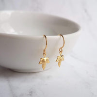 Maple Leaf Earrings, tiny gold leaf earring, fall earring, autumn earring, small gold leaf earring, gold leaf dangle, gold maple leaf - Constant Baubling