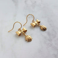 Little Ladybug Earrings, gold bow earring, gold lady bug charm, lady bug earring, gold ladybug earring, small ladybug, ladybug dangle insect - Constant Baubling