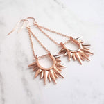 Rose Gold Sun Earrings, sunburst shape, long delicate chain dangle, spear point earring, ray of sunshine earring, semicircle earring, dagger - Constant Baubling