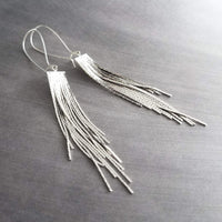 Silver Fringe Earrings, long chain earring, silver chain earring, snake chain earring, chain fringe earring, chain tassel earring 4" earring - Constant Baubling