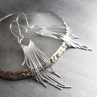 Silver Fringe Earrings - thin snake chain strands, chain dangle, v shape chain, thin chain fringe, chain tassel, 4" long earring, sexy - Constant Baubling