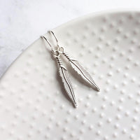 Thin Feather Earrings - long antique silver oxidized finish charm, narrow tribal feather, simple silver feather, plain feather earring - Constant Baubling