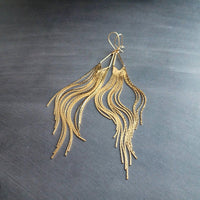 Gold Chain Fringe Earrings - thin snake chain strands, chain dangle, v shape, thin chain fringe, chain tassel, 5.6 inch extra long earring - Constant Baubling