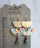 Large Colorful Chunky Earrings - gold brass half circle earrings, semicircle earrings, rainbow earrings, 3.3 inch, watercolor cork leather - Constant Baubling